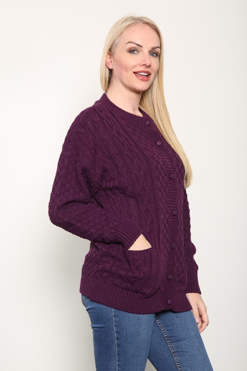 Cream Chunky Cable Knit Long Sleeve Cardigan For Women 12-14 - Dropwear