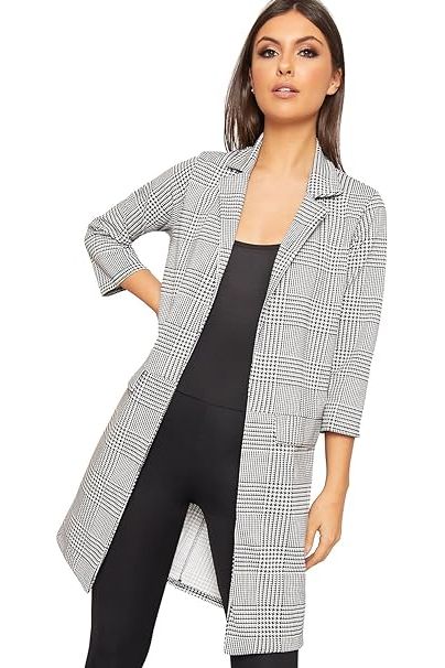 Black White Houndstooth Check Print Jacket Duster Coat For Women 8 - Dropwear