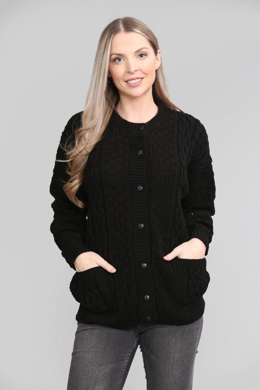 Black Chunky Cable Knit Long Sleeve Cardigan For Women 8-10 - Dropwear