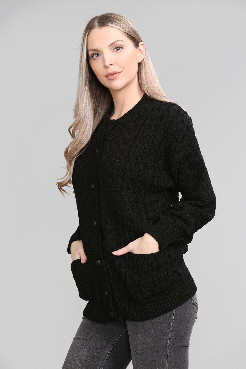 Black Chunky Cable Knit Long Sleeve Cardigan For Women 12-14 - Dropwear