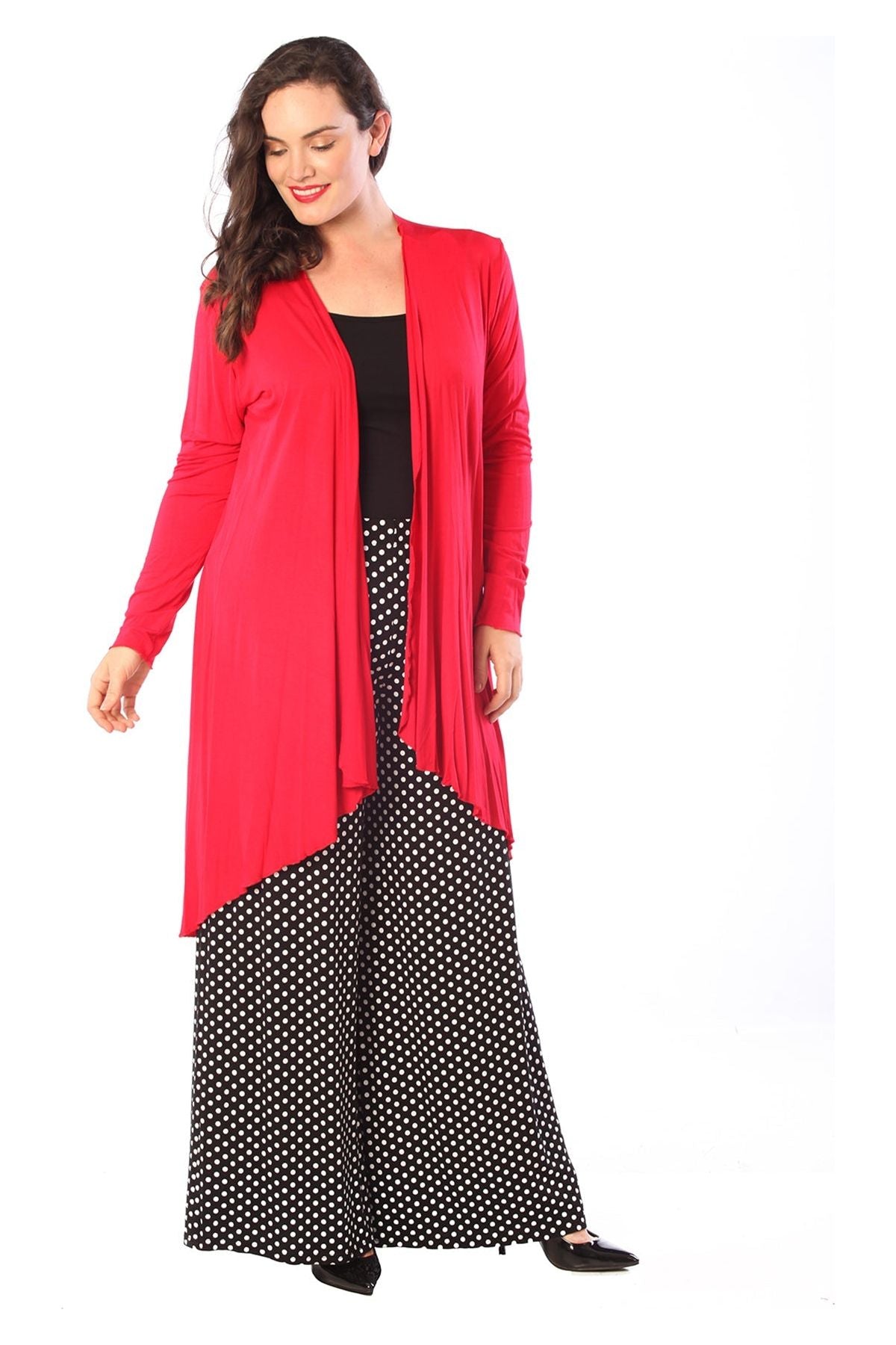 Red Open Front Hanky Hem Longsleeve Cardigan For Women 14 - Dropwear