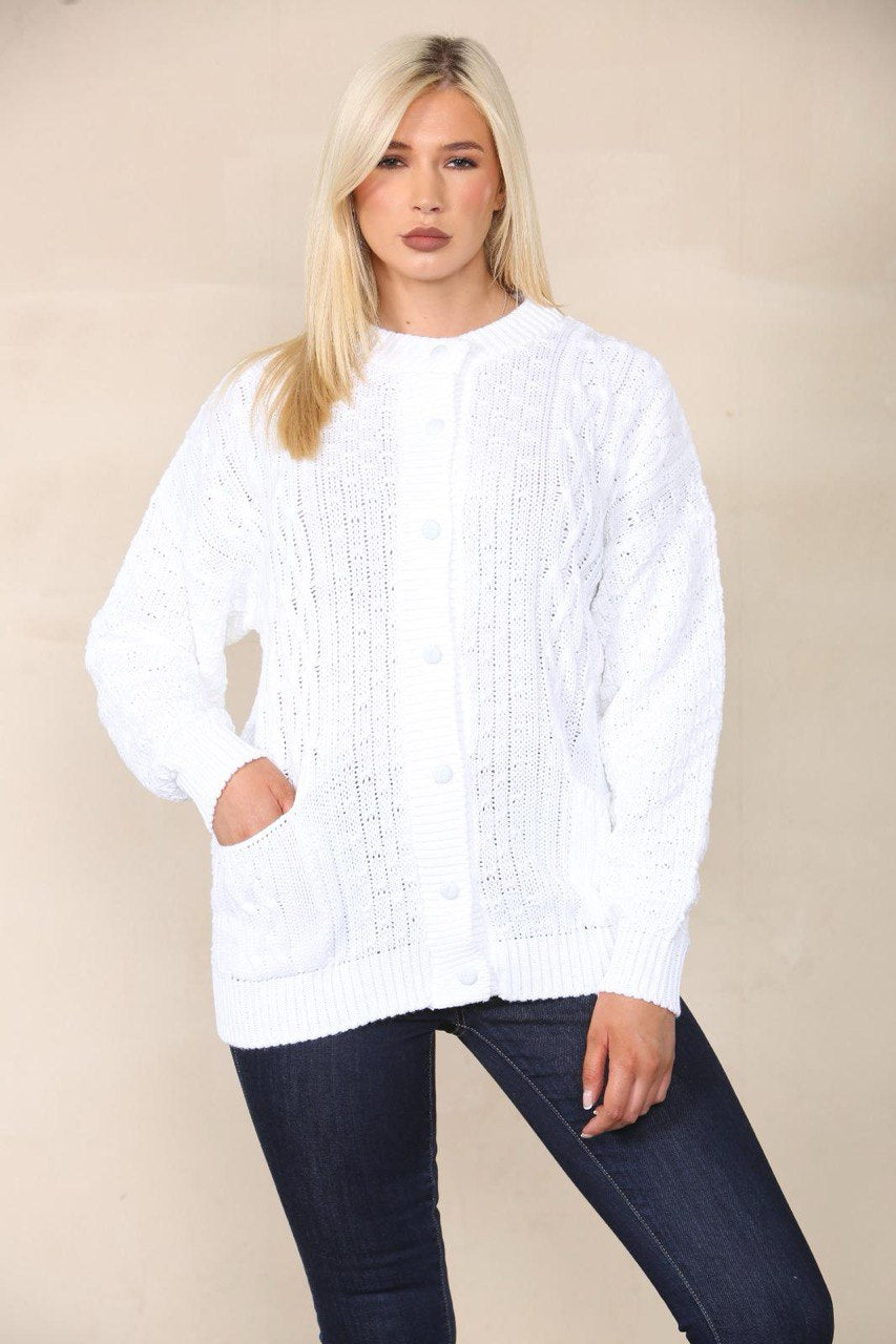 Marl Grey Chunky Cable Knit Long Sleeve Cardigan For Women 8-10 - Dropwear