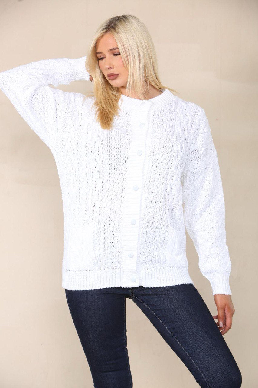 Marl Grey Chunky Cable Knit Long Sleeve Cardigan For Women 12-14 - Dropwear