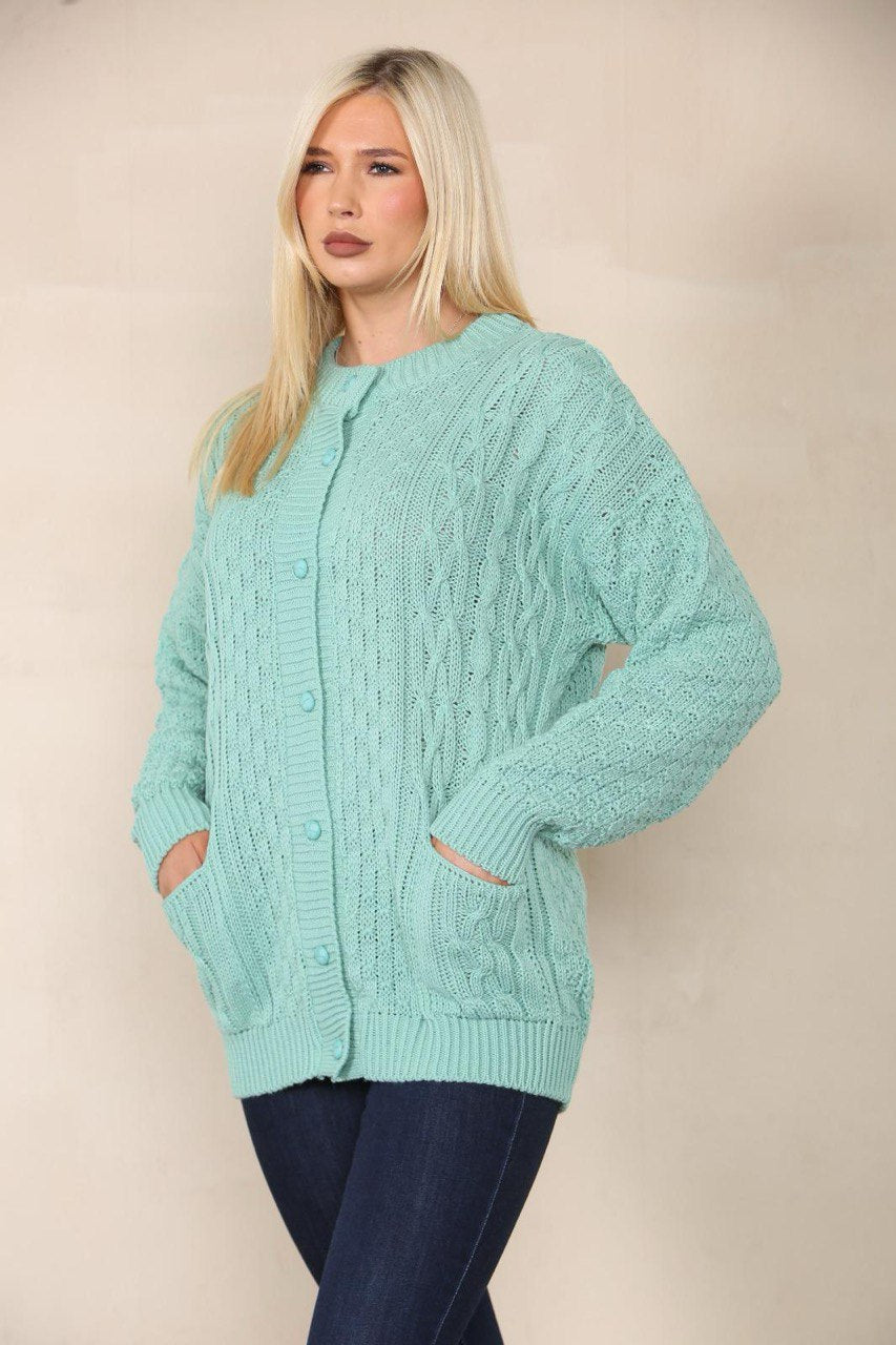 Marl Stone Chunky Cable Knit Long Sleeve Cardigan For Women 12-14 - Dropwear