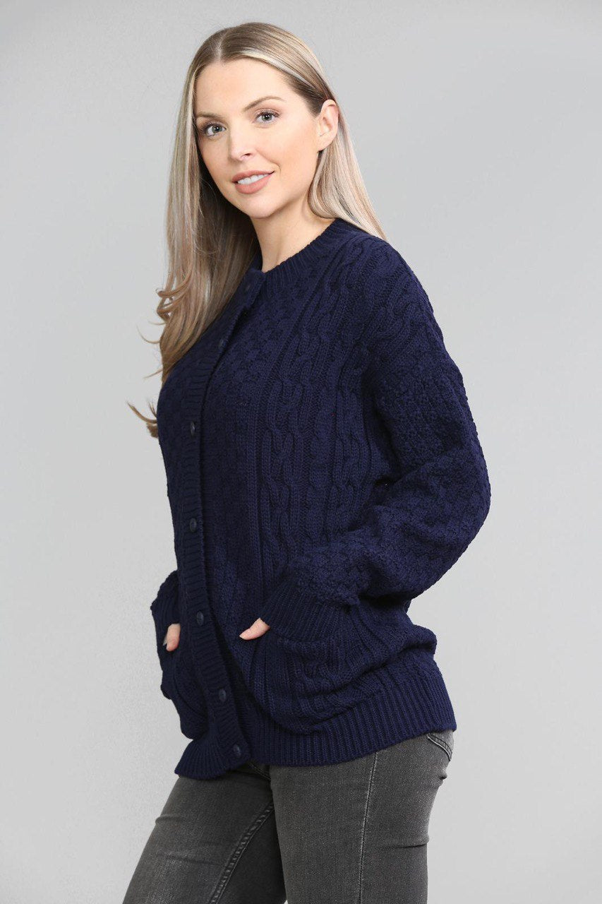 Black Chunky Cable Knit Long Sleeve Cardigan For Women 20-22 - Dropwear