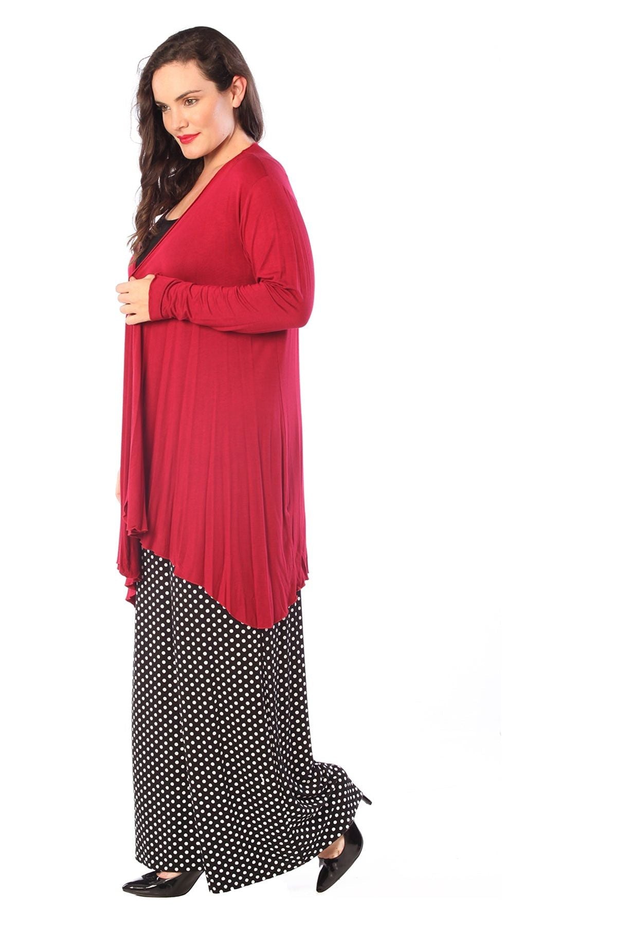 Red Open Front Hanky Hem Longsleeve Cardigan For Women 22-24 - Dropwear