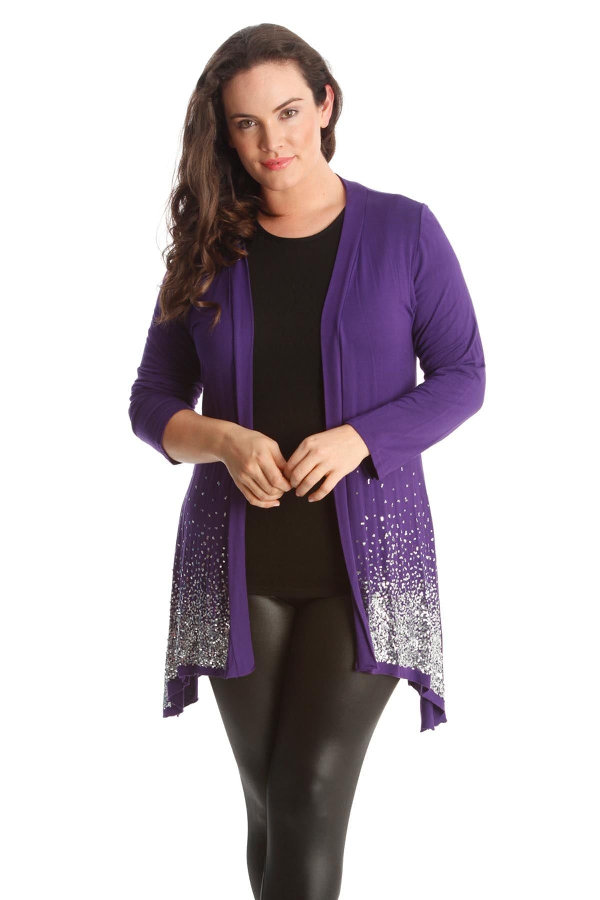 Purple Sequin Sparkle Open Cardigan For Women 14 - Dropwear