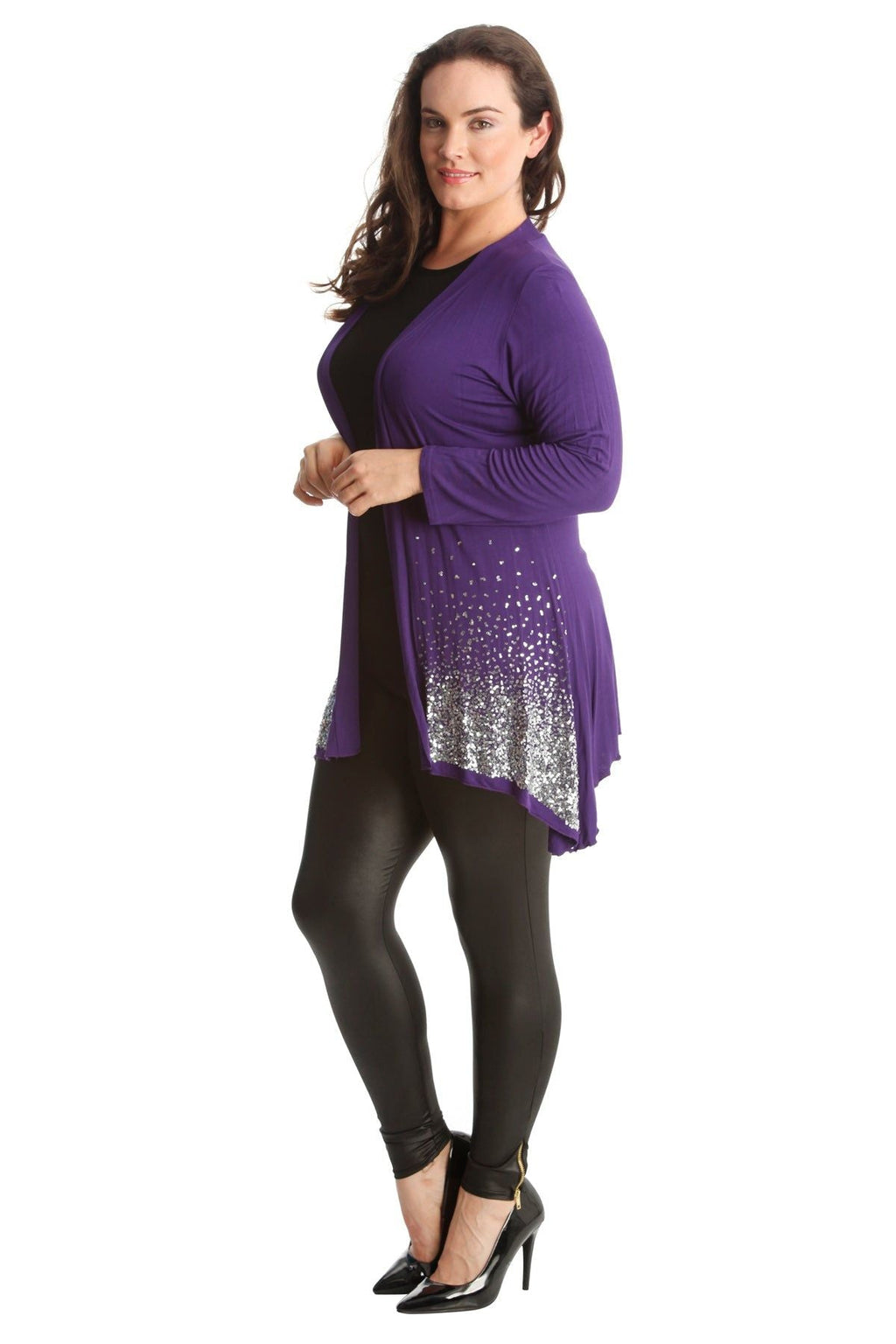 Purple Sequin Sparkle Open Cardigan For Women 18 - Dropwear