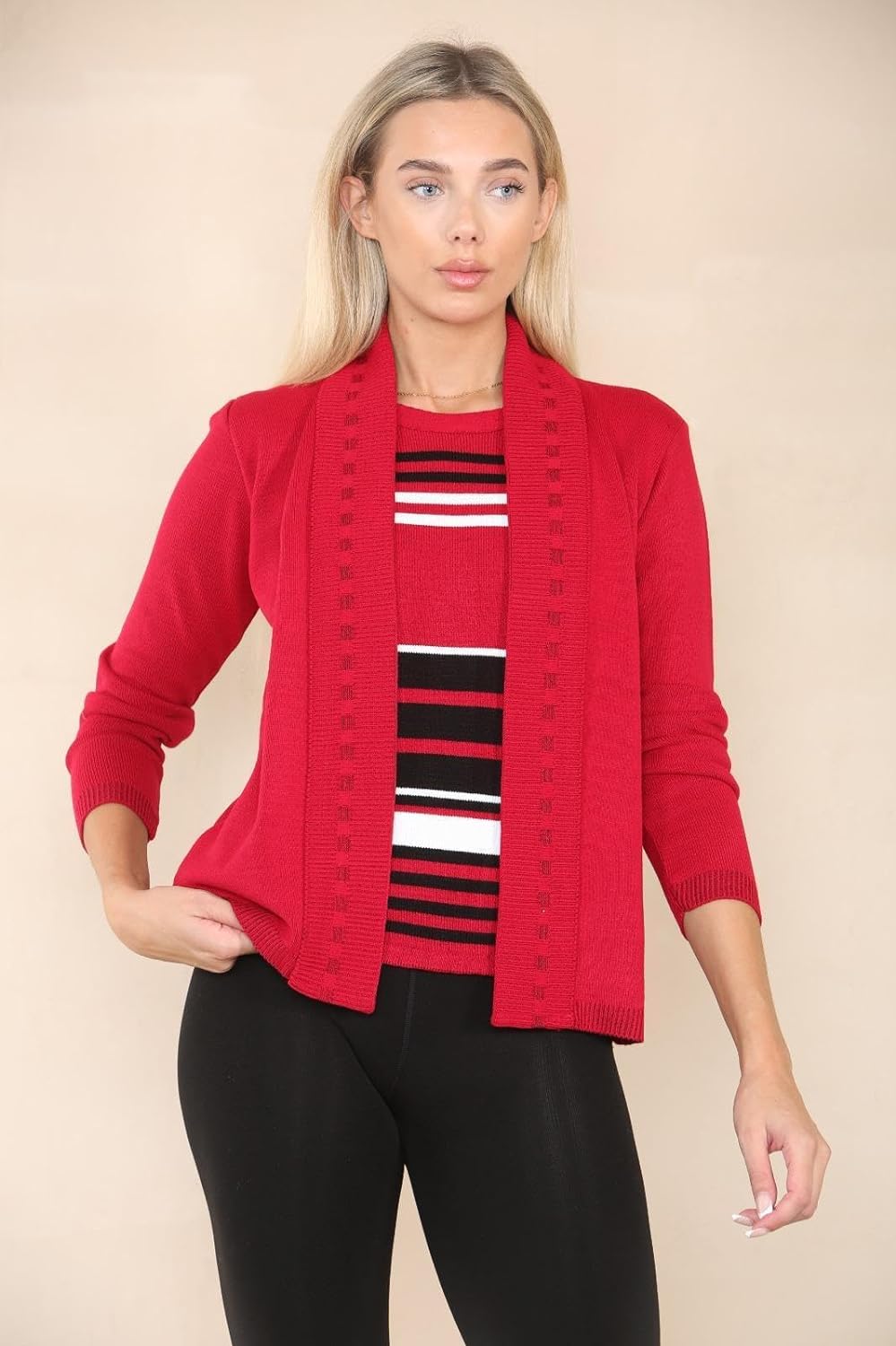 Beige Twin Knitted Cardigan For Women 16-18 - Dropwear