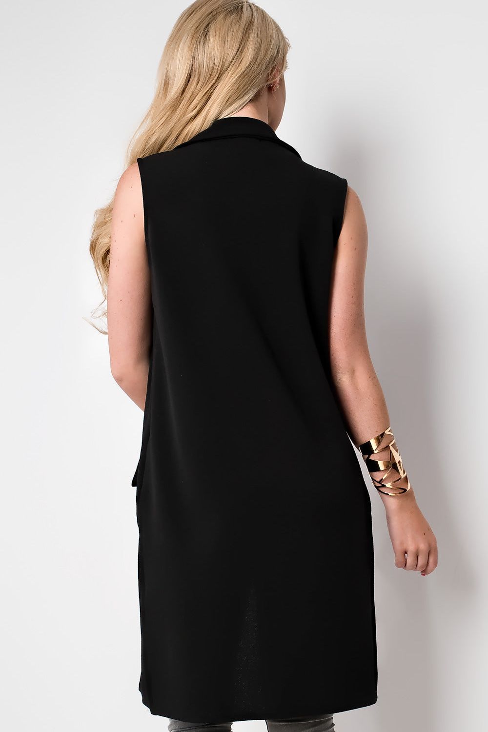 Black Crepe Open Long Waistcoat Pocket Top For Women 10 - Dropwear