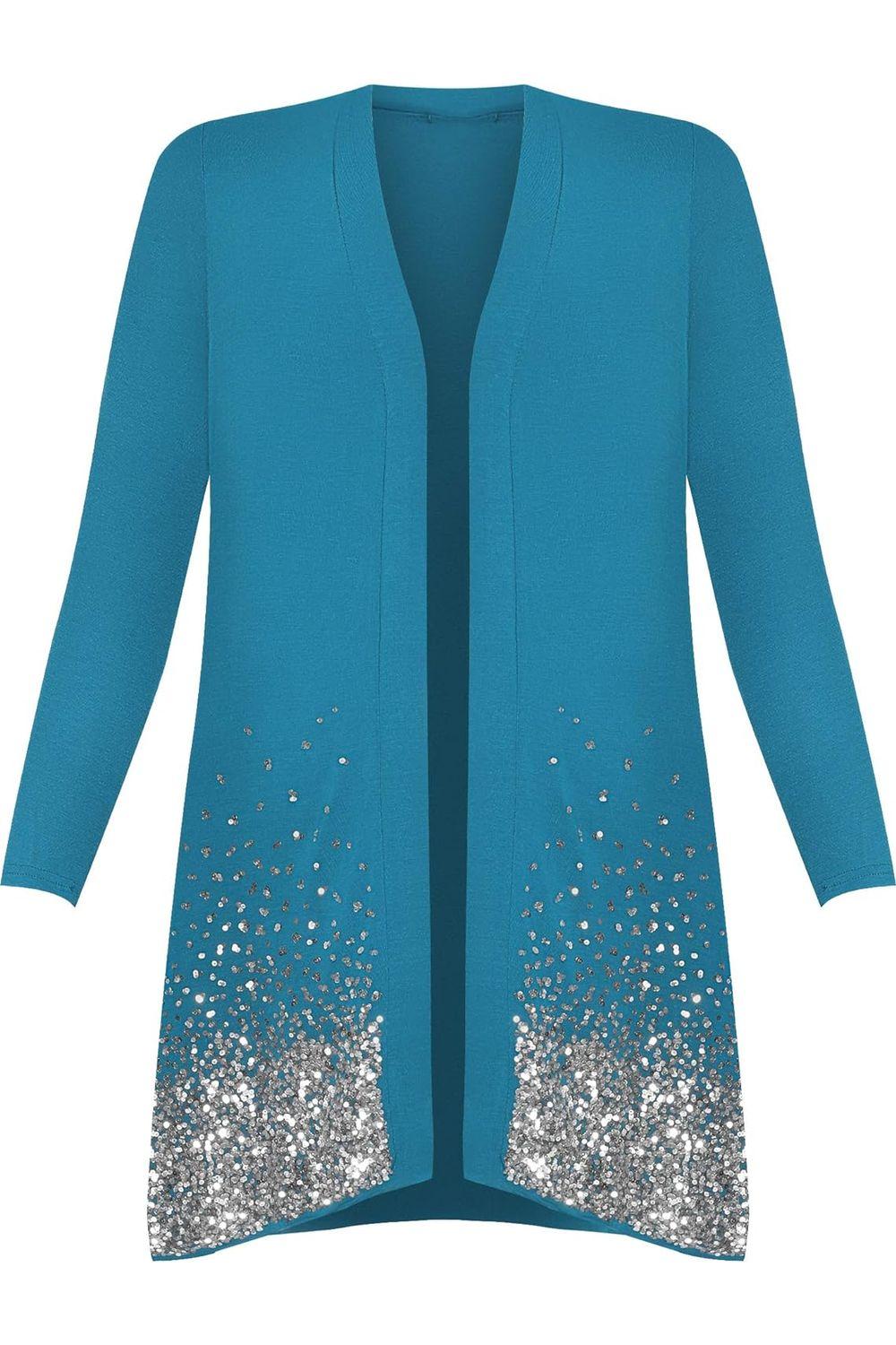 Teal Sequin Sparkle Open Cardigan For Women 22-24 - Dropwear