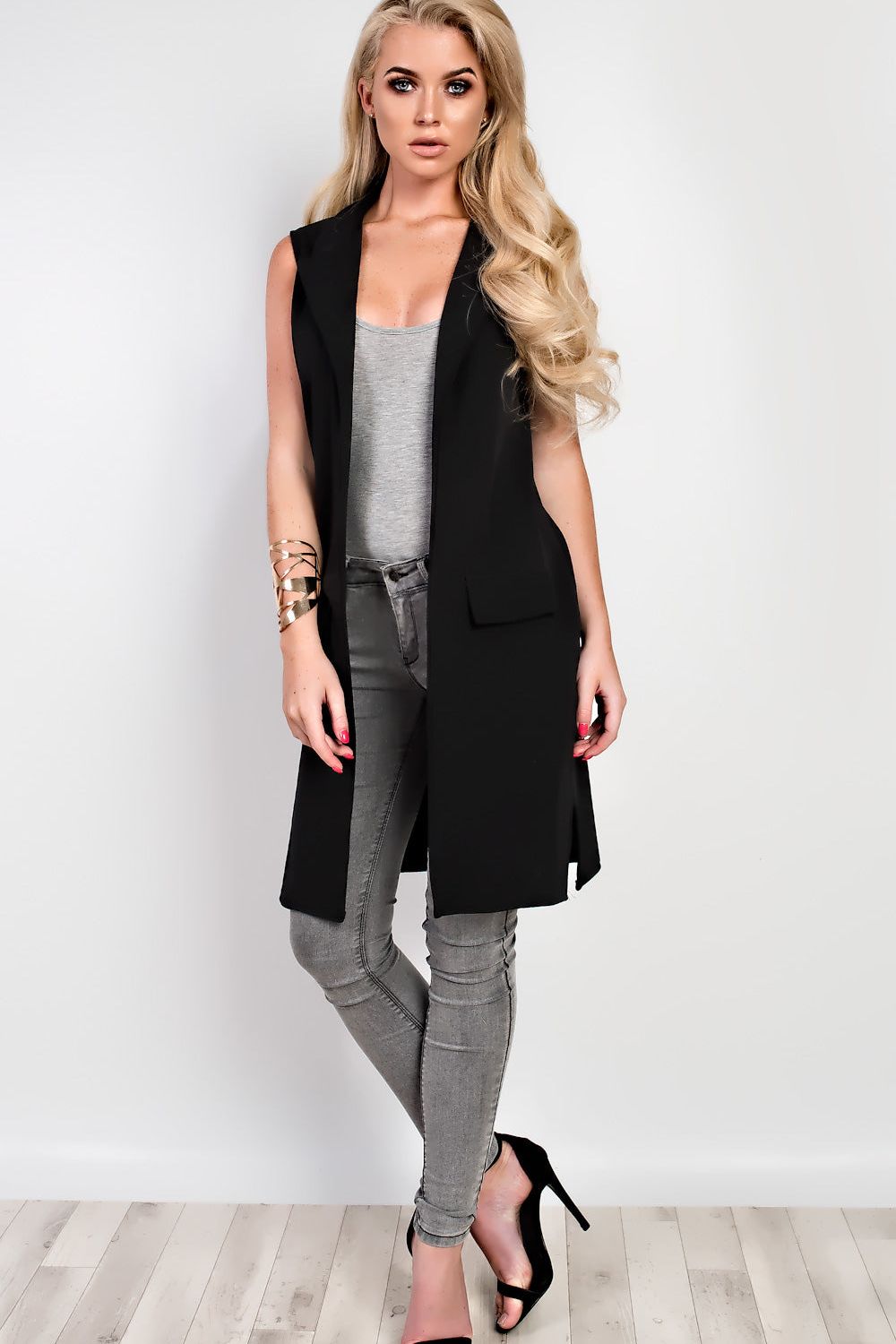 Black Crepe Open Long Waistcoat Pocket Top For Women 12 - Dropwear