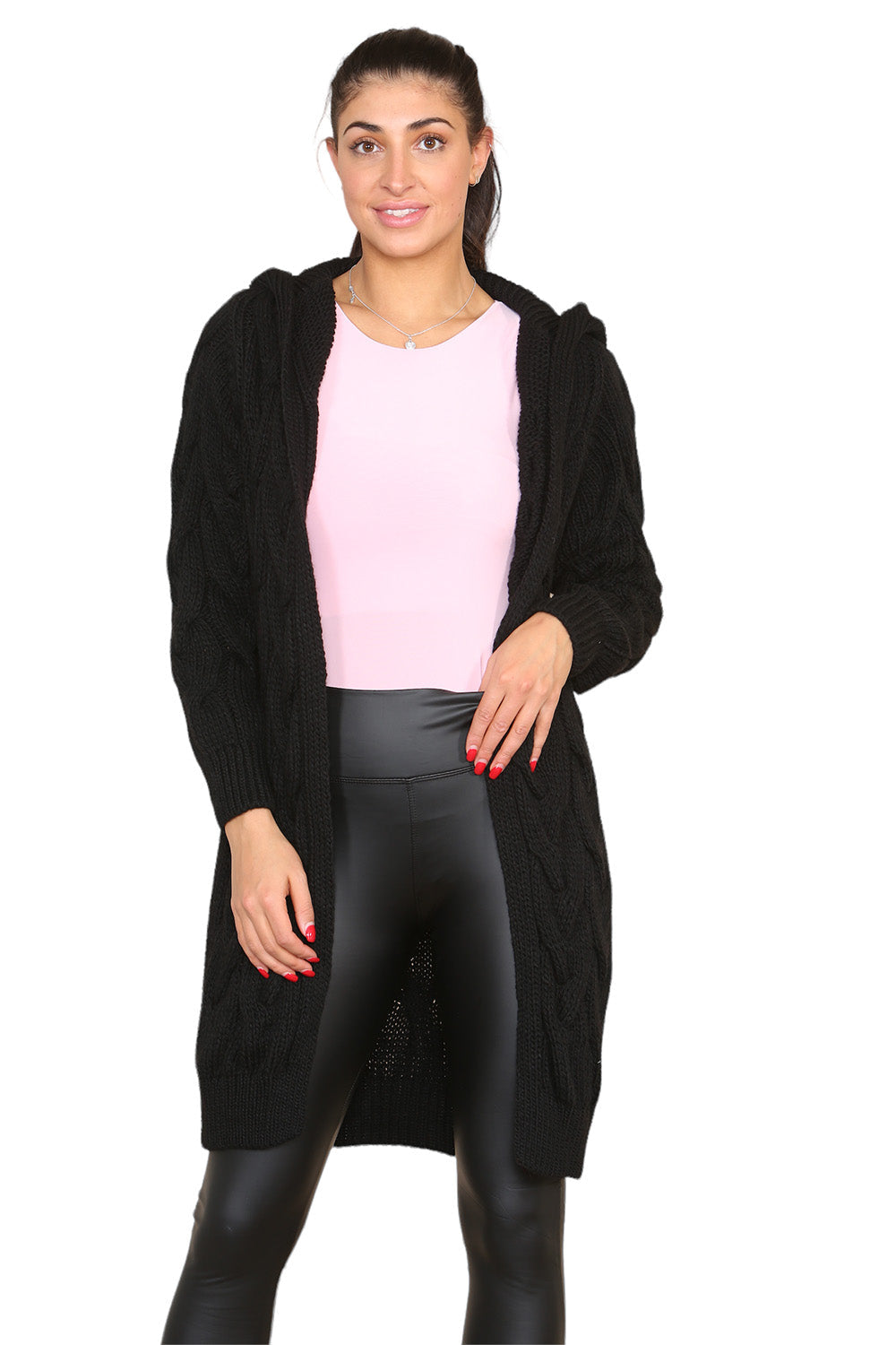 Knitted Cables Hooded Long Over Sized Cardigan For Women  - Dropwear