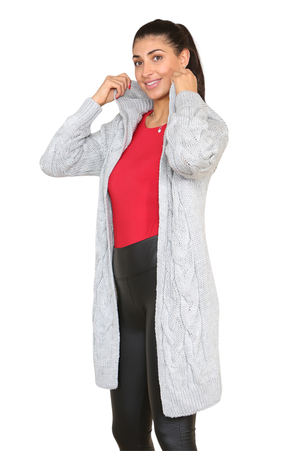 Knitted Cables Hooded Long Over Sized Cardigan For Women  - Dropwear