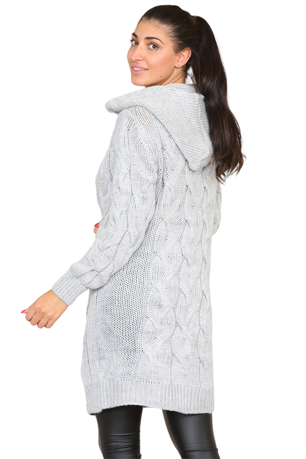 Cream Knitted Cables Hooded Long Over Sized Cardigan For Women M/L - Dropwear
