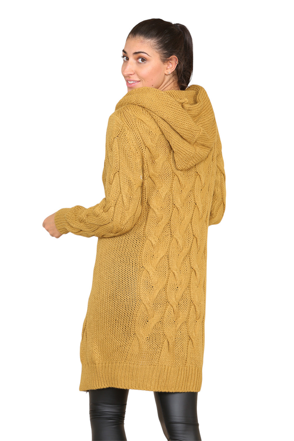 Knitted Cables Hooded Long Over Sized Cardigan For Women  - Dropwear