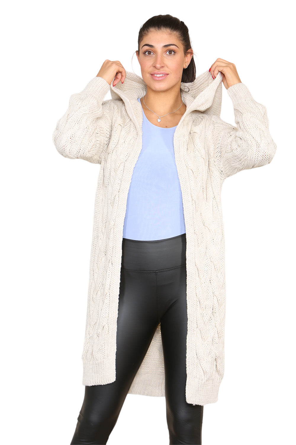 Knitted Cables Hooded Long Over Sized Cardigan For Women  - Dropwear