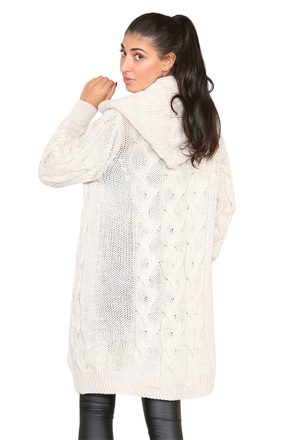 Knitted Cables Hooded Long Over Sized Cardigan For Women  - Dropwear
