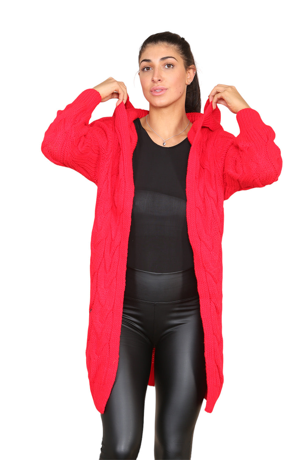 Black Knitted Cables Hooded Long Over Sized Cardigan For Women S/M - Dropwear