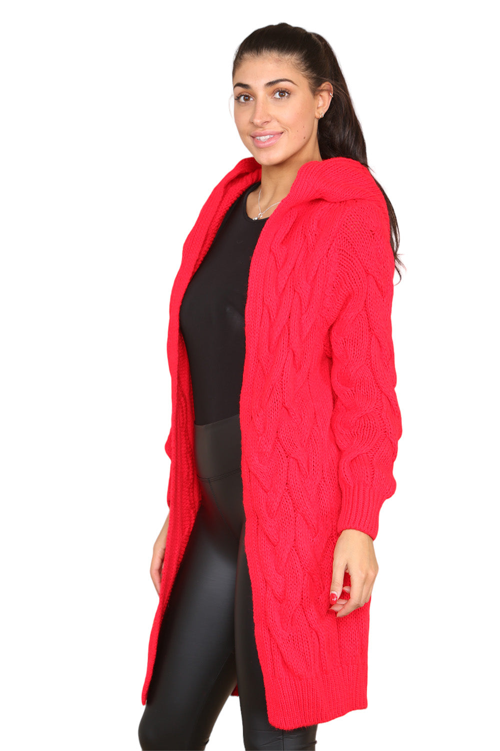 Red Knitted Cables Hooded Long Over Sized Cardigan For Women S/M - Dropwear