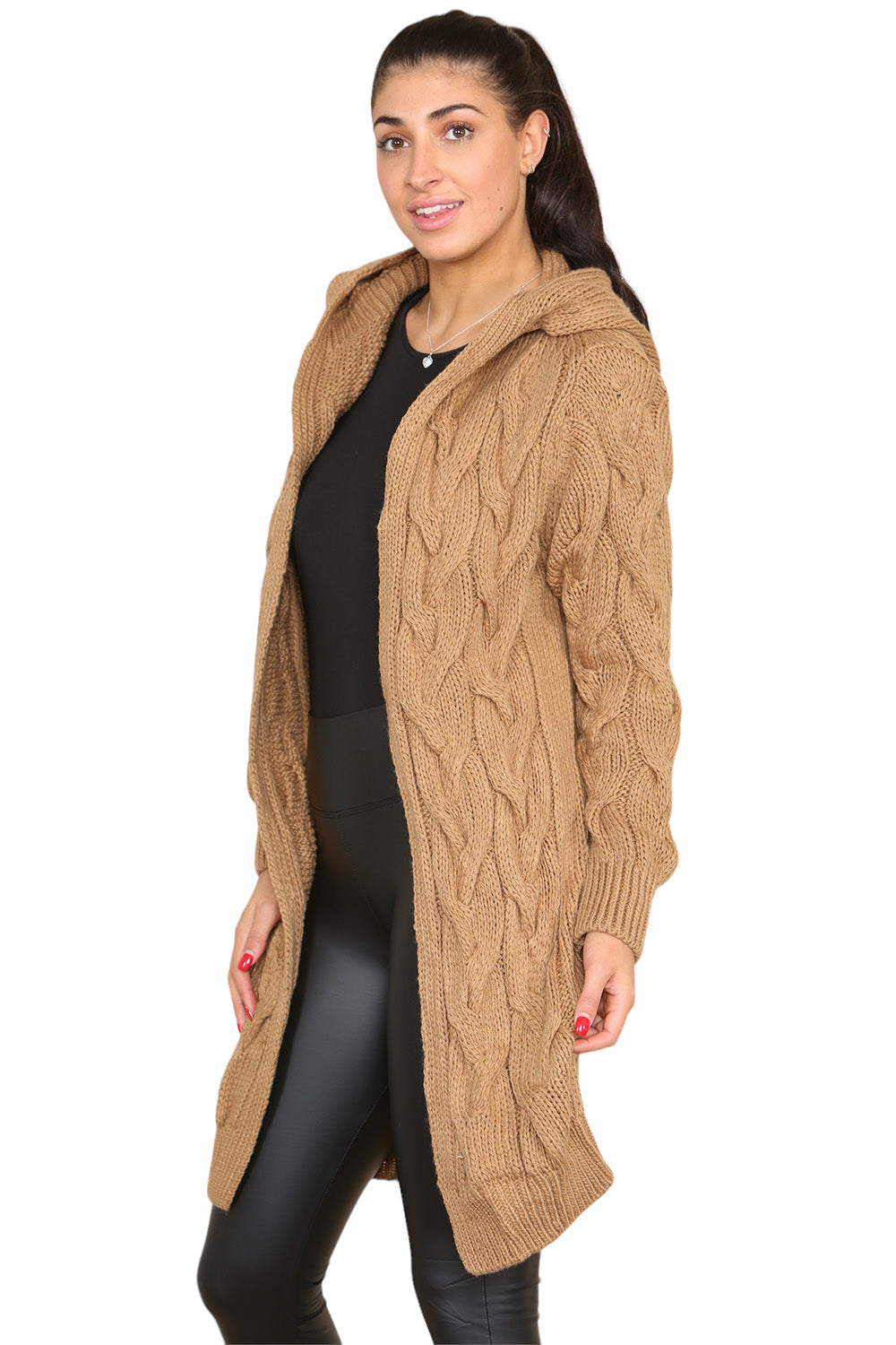 Camel Knitted Cables Hooded Long Over Sized Cardigan For Women S/M - Dropwear