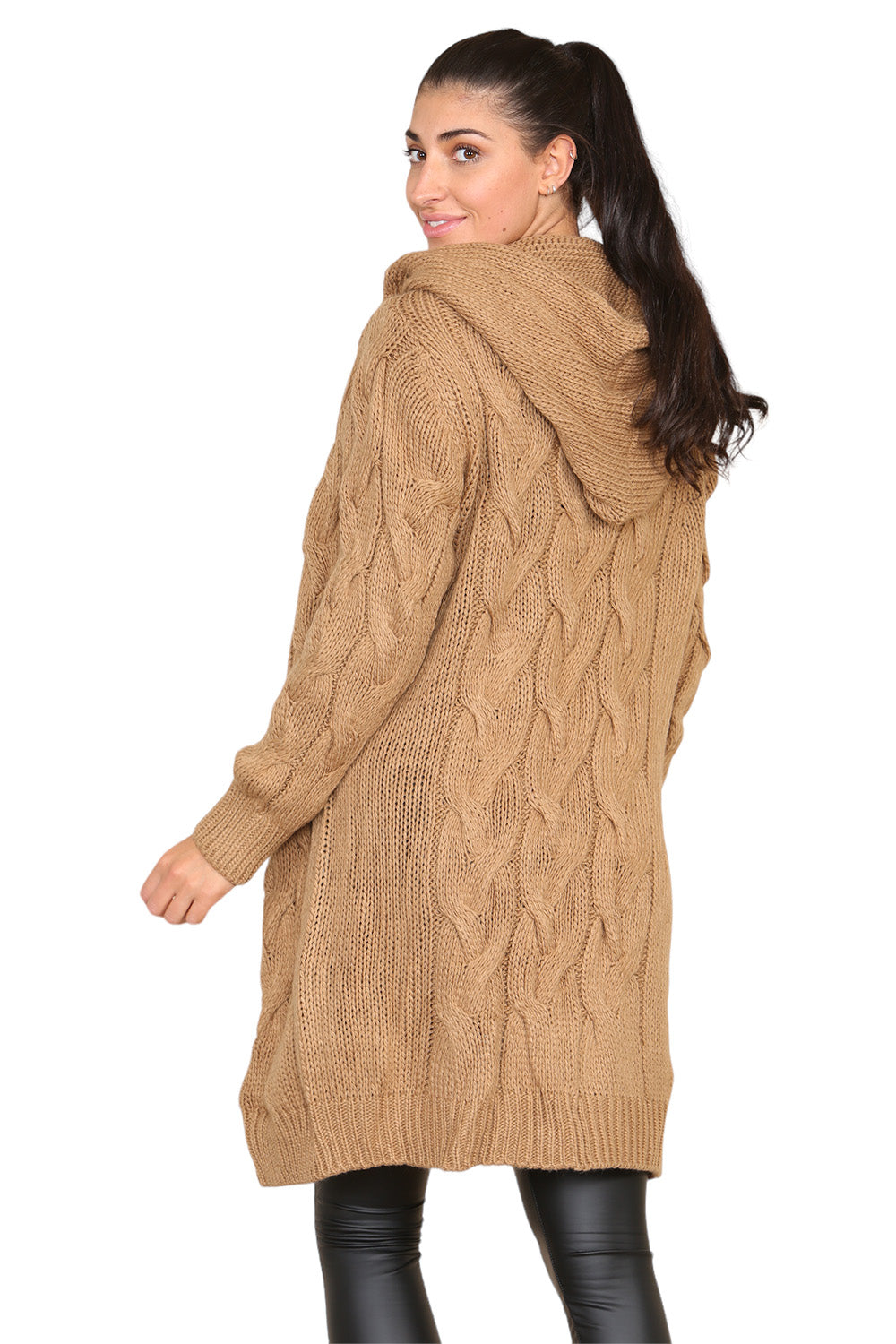 Camel Knitted Cables Hooded Long Over Sized Cardigan For Women M/L - Dropwear