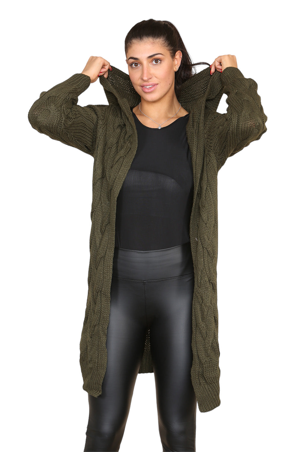 Dusty Pink Knitted Cables Hooded Long Over Sized Cardigan For Women M/L - Dropwear