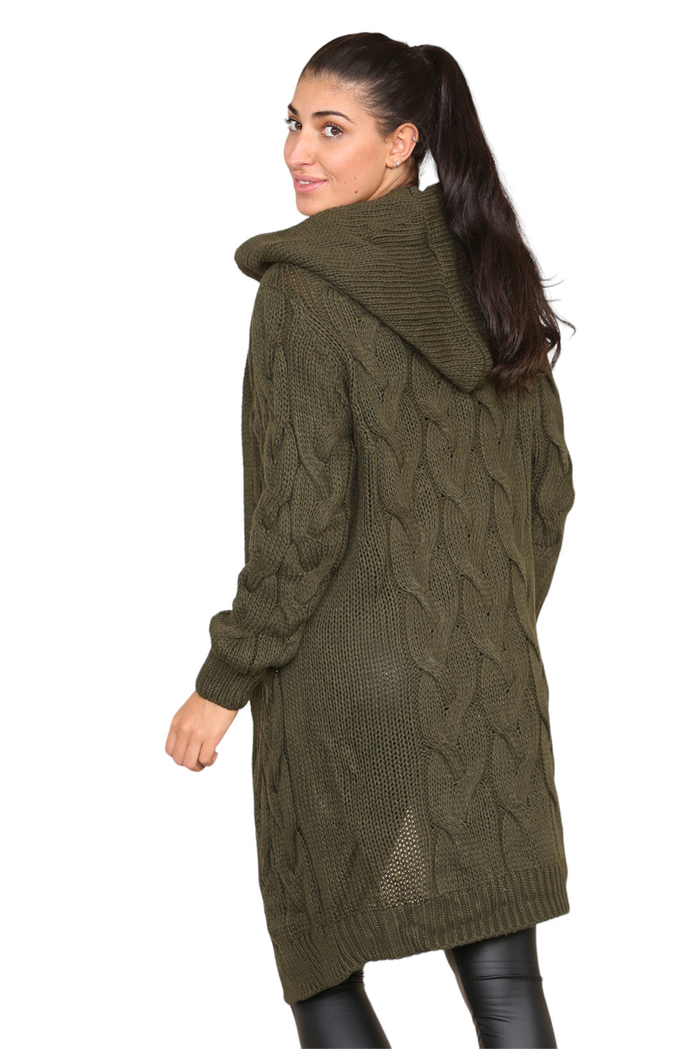 Grey Knitted Cables Hooded Long Over Sized Cardigan For Women S/M - Dropwear