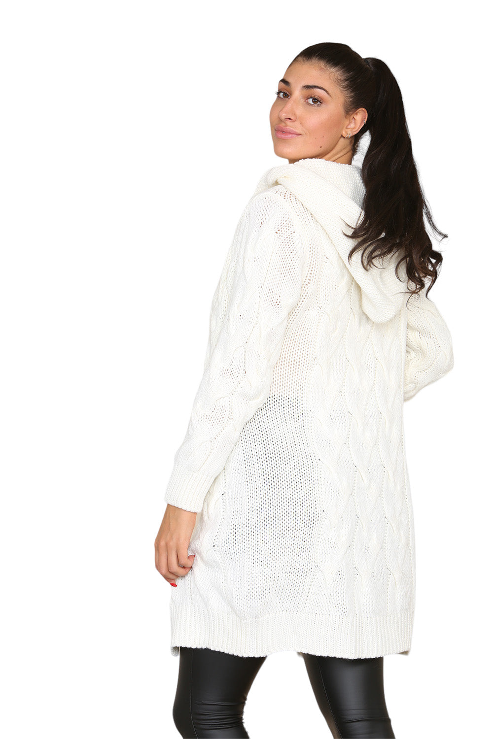 Cream Knitted Cables Hooded Long Over Sized Cardigan For Women S/M - Dropwear