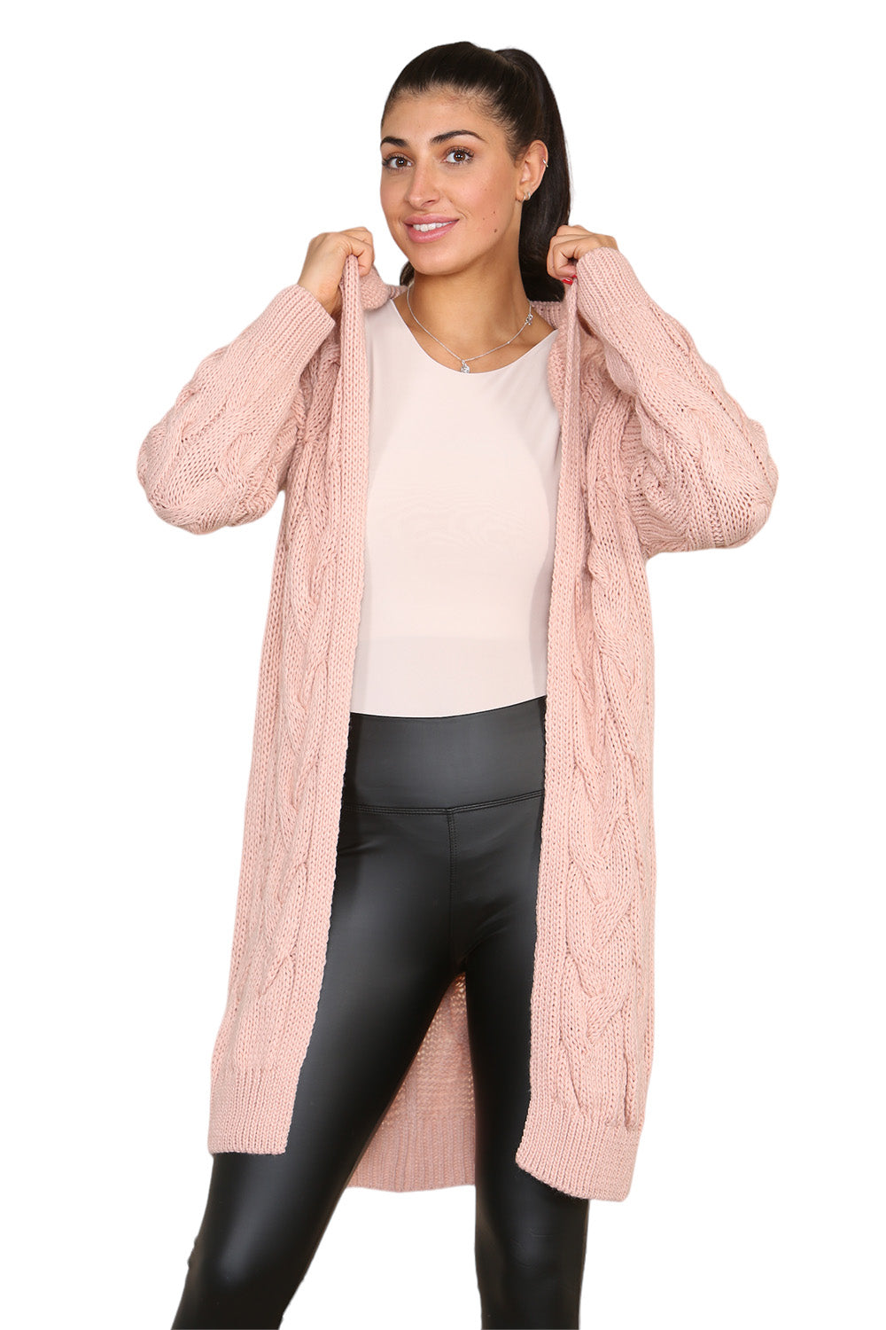 Knitted Cables Hooded Long Over Sized Cardigan For Women  - Dropwear