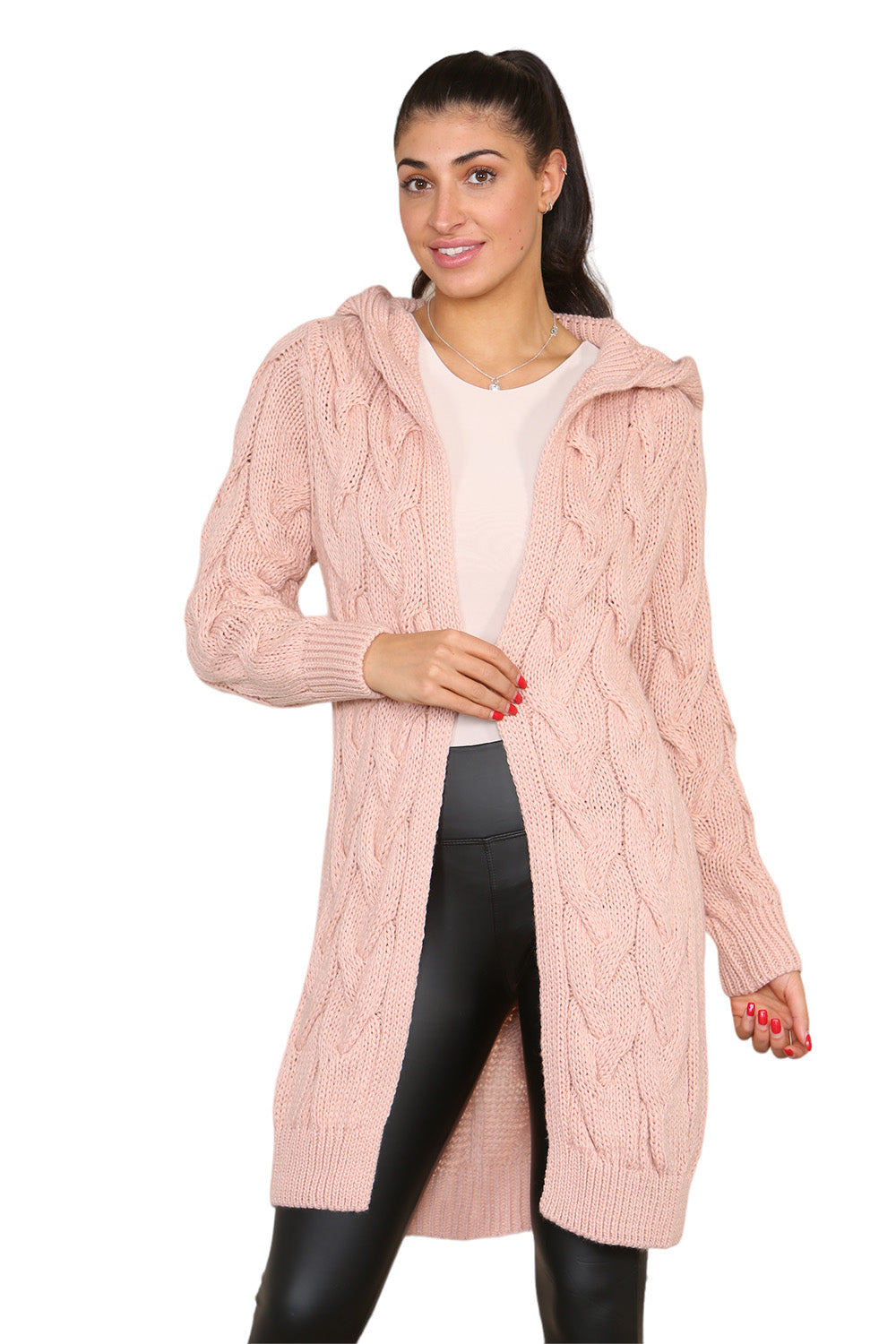 Knitted Cables Hooded Long Over Sized Cardigan For Women  - Dropwear