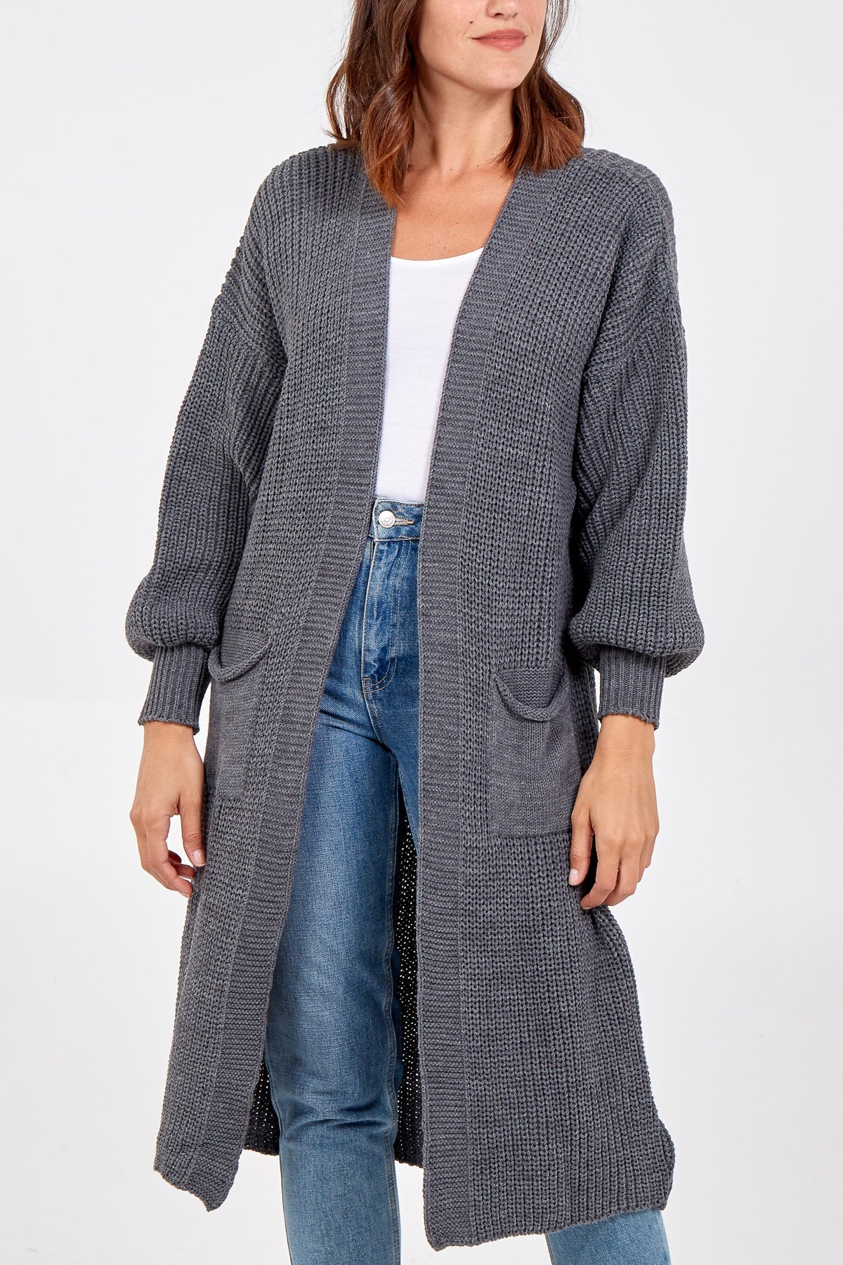 Open Front Balloon Long Sleeve Cardigan
