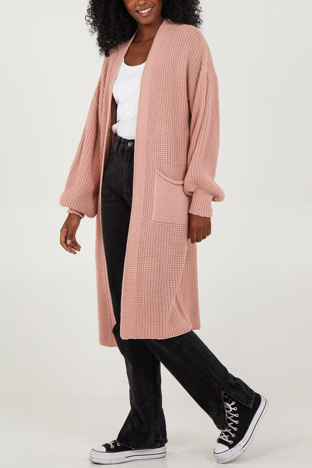 Open Front Balloon Long Sleeve Cardigan