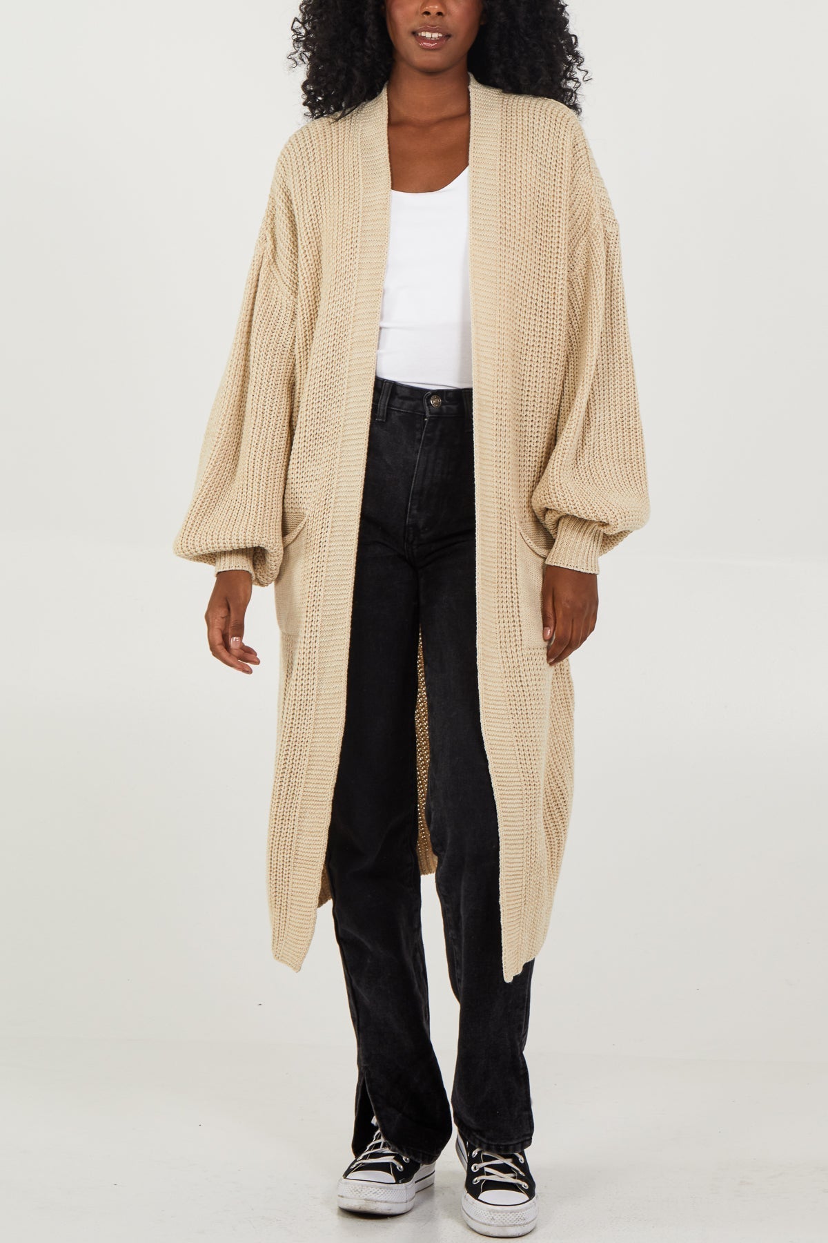 Open Front Balloon Long Sleeve Cardigan