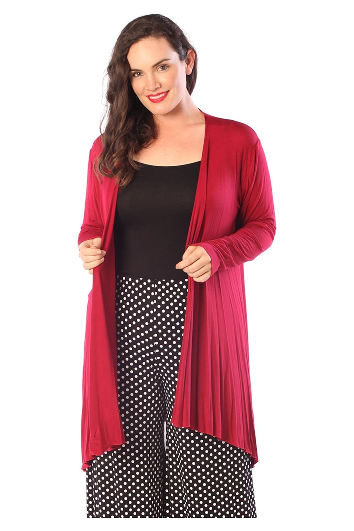 Red Open Front Hanky Hem Longsleeve Cardigan For Women 18 - Dropwear