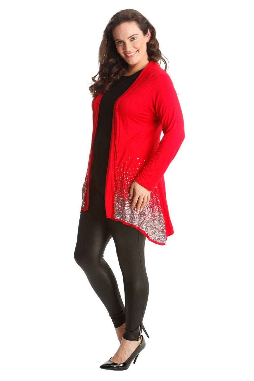 Red Sequin Sparkle Open Cardigan For Women 22-24 - Dropwear