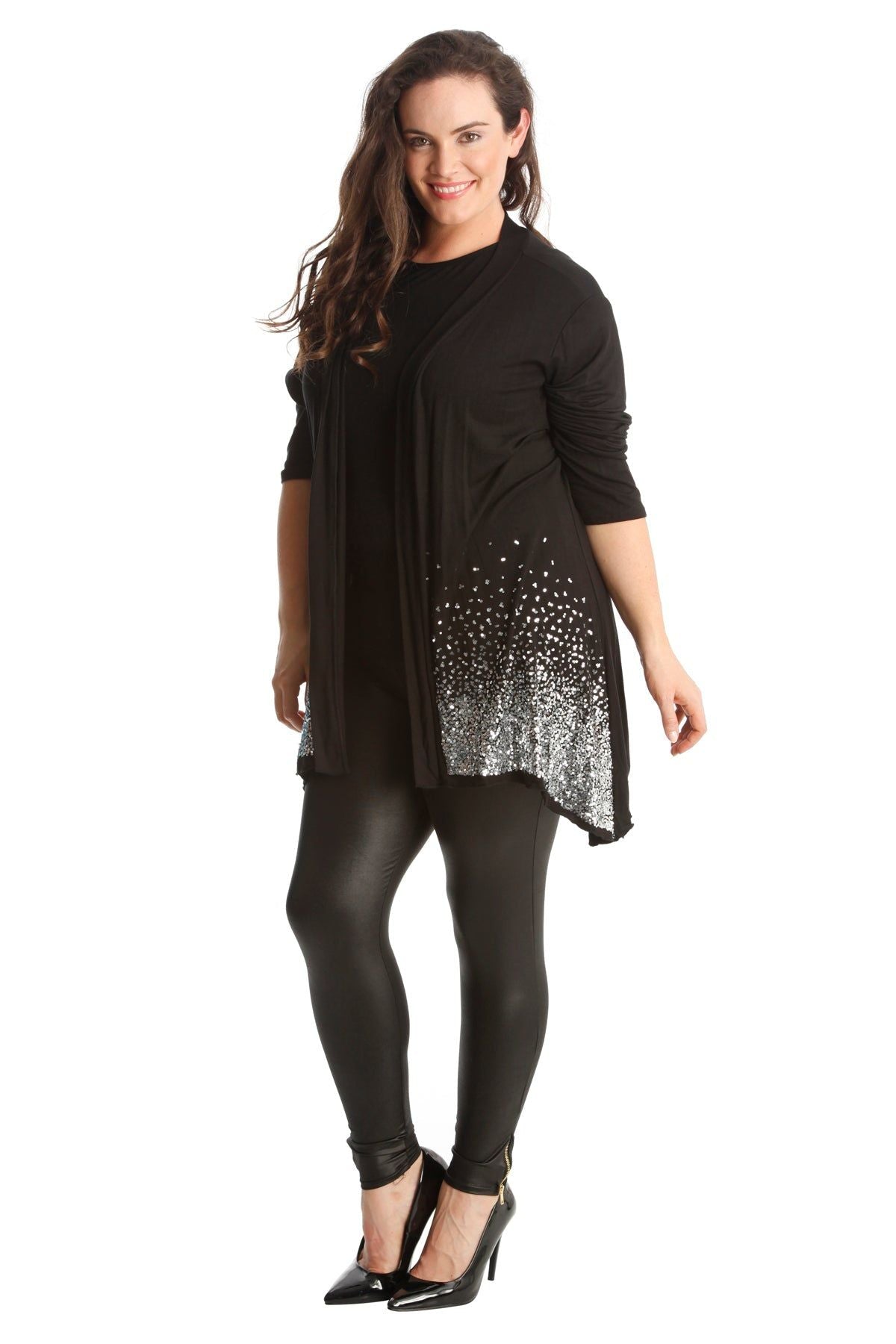 Black Sequin Sparkle Open Cardigan For Women 26-28 - Dropwear
