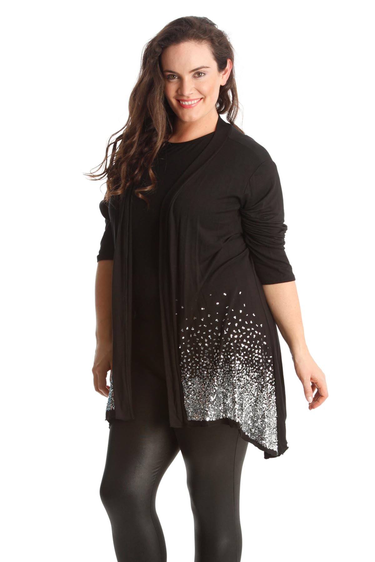Black Sequin Sparkle Open Cardigan For Women 22-24 - Dropwear