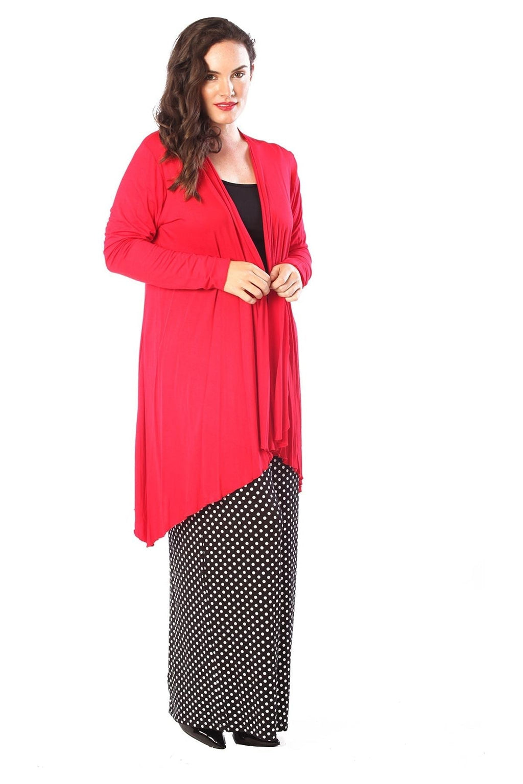 Red Open Front Hanky Hem Longsleeve Cardigan For Women 16 - Dropwear