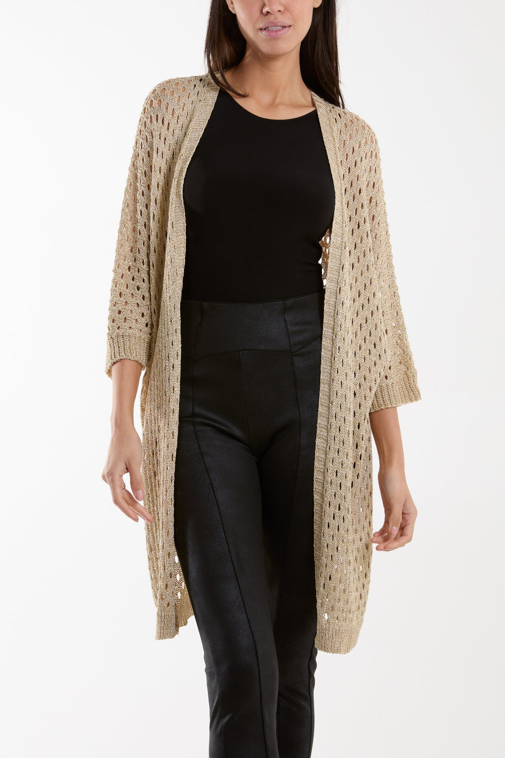 Black Crochet 3/4 Sleeve Long Cardigan For Women ONE SIZE - Dropwear